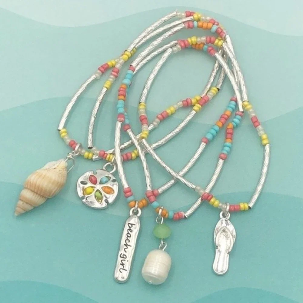 🌼 Beach Girl Charm Seed Bead Set of 5 Bracelets